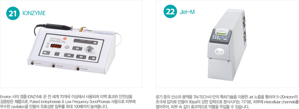 
	IONZYME : Environ ���� ��ǰ IONZYME �� �� ���� 70���� �̻󿡼� ���Ǹ� �̹� ȿ���� ��������
�������� ��ǰ����, Pulsed Iontophoresis & Low Frequency SonoPhoresis ������� �Ǻο�
������ cavitation�� ����� ��ȿ���� ħ���� �ִ� 100����� �����ݴϴ�.
Jet-M : ���� ���� ��ҿ� ����� TAVTECH�� ���� Ư������ �̿��� Jet ������ ���Ͽ� 5-20micron��
�ʱؼ� ���ڷ� ����� 90psi�� ���� �з����� �л��Ű�� ����, �Ǻο� intercellular channels��
�����־�, �Ǻ� �� ���� ȿ�������� �๰�� ������ �� �ֽ��ϴ�.
����ġ���: ��ü�� ġ��ȿ���� �ִ� �ڿܼ��� �Ǻο� ���������ν� �Ǽ�, ������, �����, ��������, 
������, ���ν��� ���� ġ�ῡ ���Ǵ� ����Դϴ�. �Դ� ���̳� ������ ��뷮�� �ٿ�
�๰�� ���� ���ۿ��� �ٿ��ݴϴ�. 
